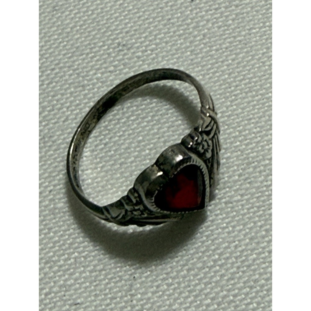 Vintage Kiddiegem Ring Child Signet Sterling Silver Heart Ring Size 2.5 Red